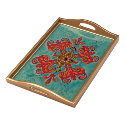 Reverse-Painted Glass and Wood Serving Tray Handmade in Peru