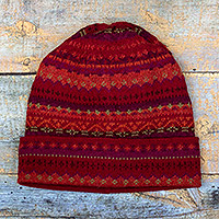 100% alpaca hat, 'Red Berries' - 100% Alpaca Andean Hat in Red crafted in Peru