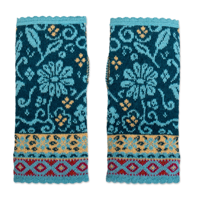 Hand-Knit 100% Alpaca Fingerless Mittens in Turquoise