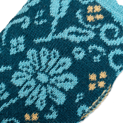 100% alpaca fingerless mittens, 'Turquoise Baroque' - Hand-Knit 100% Alpaca Fingerless Mittens in Turquoise
