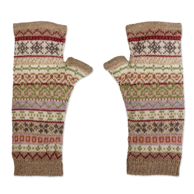 100% alpaca fingerless mittens, 'Bright Patterns' - Peruvian Multicolor 100% Alpaca Andean Fingerless Mittens