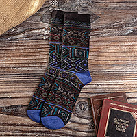 Alpaca blend socks, 'Geometric Andes' - Unisex Multicolour Geometric Alpaca Blend Socks from Peru