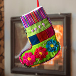 Embroidered Christmas stocking, 'Christmas Winds' - Handcrafted Green Christmas Stocking with Andean Details