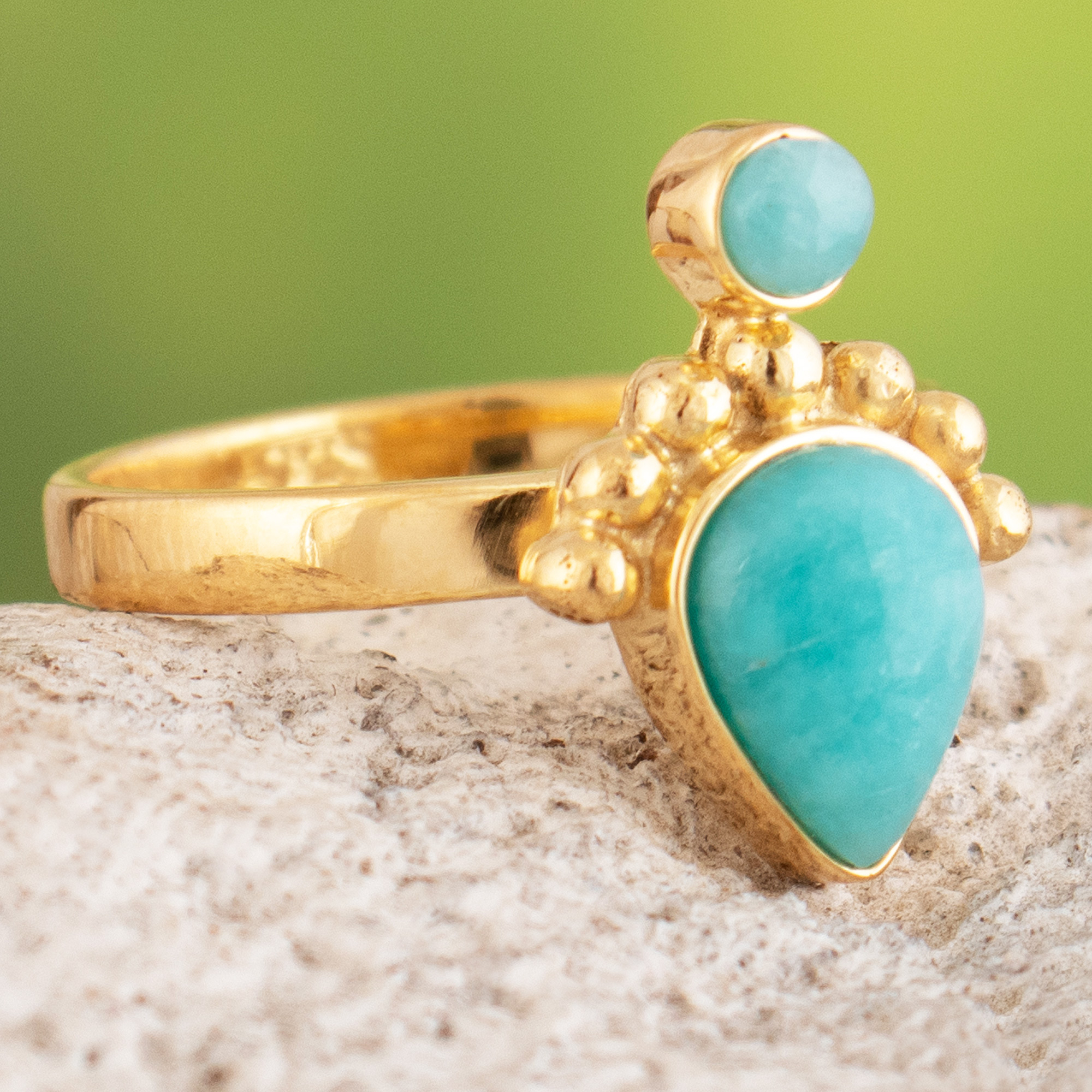 Turquoise Cocktail Ring With Iridescent Rhinestones Gold Ring