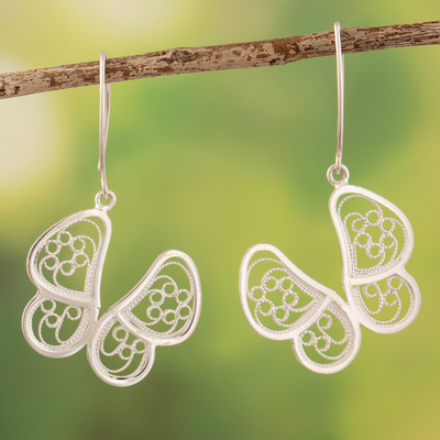 Pendientes colgantes de plata de ley - Aretes colgantes mariposa en filigrana de plata peruana