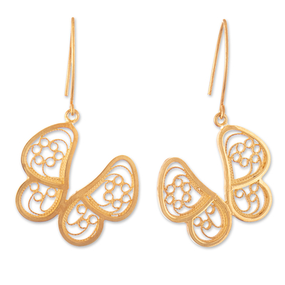 Gold-plated dangle earrings, 'Butterfly Filigree in Gold' - Peruvian 24k Gold-plated Filigree Butterfly Dangle Earrings
