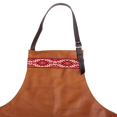 Leather apron, 'Family Day' - Peruvian Brown and Black Leather Apron with Textile Accents