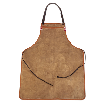 Leather apron, 'Family Day' - Peruvian Brown and Black Leather Apron with Textile Accents