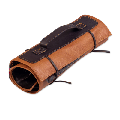 Leather barbecue utensil holder, 'Luxury Barbecue' - Leather Barbecue Utensil Holder with Alpaca Blend Accent