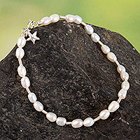 Cultured pearl anklet, 'Under the Mysterious Sea' - Sterling Silver and Freshwater Cultured Pearls Beaded Anklet