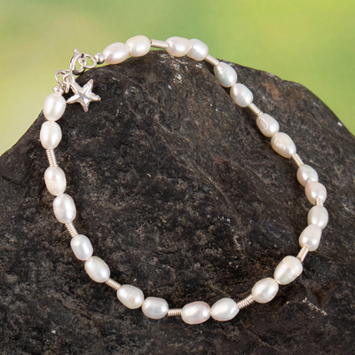 Tobillera de perlas cultivadas, 'Bajo el Mar Misterioso' - Tobillera con cuentas de plata de ley y perlas cultivadas de agua dulce