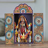 Retablo de madera y cerámica, 'Oraciones a Guadalupe' - Retablo artesanal de madera y cerámica Virgen de Guadalupe