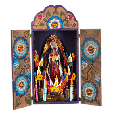 Wood and ceramic retablo, 'Prayers to Guadalupe' - Virgin of Guadalupe Handcrafted Wood and Ceramic Retablo