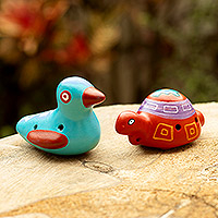 Ceramic ocarinas, 'Rhythmical Friends' (2 pieces) - Handmade Animal Themed Ceramic Ocarinas from Peru (2 Pieces)