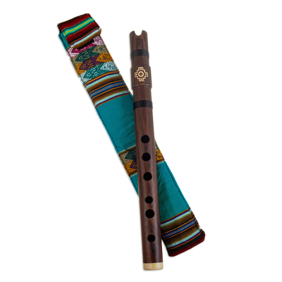 Wood quena flute, 'Andean Strength' - Wood Quena Flute Wind Instrument with Green Andean Case