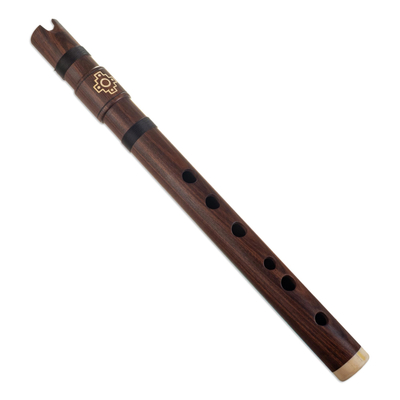 Wood quena flute, 'Andean Strength' - Wood Quena Flute Wind Instrument with Green Andean Case