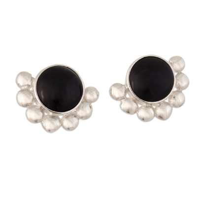 Obsidian button earrings, 'Moche Elegance' - Circular Obsidian Button Earrings Handcrafted in Peru