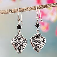 Obsidian dangle earrings, 'Midnight in Love' - 950 Silver and Obsidian Heart Dangle Earrings from Peru