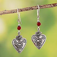 Carnelian dangle earrings, 'Sunset in Love' - 950 Silver and Carnelian Heart Dangle Earrings from Peru