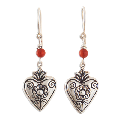 950 Silver and Carnelian Heart Dangle Earrings from Peru