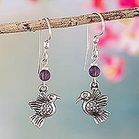 Amethyst dangle earrings, 'Flight of Hope' - Bird Sterling Silver and Amethyst Dangle Earrings from Peru