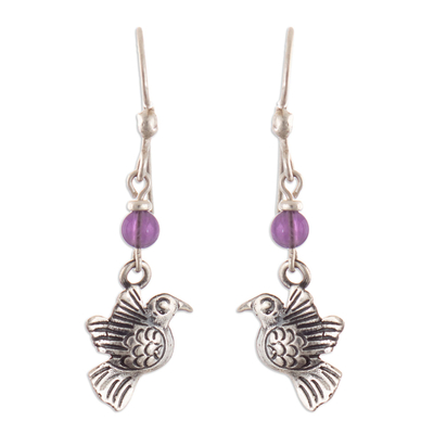 Bird Sterling Silver and Amethyst Dangle Earrings from Peru