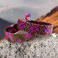 Macrame wristband bracelets, 'Cosmic Andes in Fuchsia' (pair) - Pair of Hand-woven Macrame Wristband Bracelets from Peru