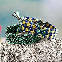Macrame wristband bracelets, 'Cosmic Andes in Jade' (pair) - Pair of Hand-woven Macrame Wristband Bracelets from Peru