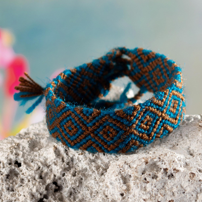 Macrame wristband bracelet, 'Natural Darkness' - Peruvian Handwoven Wristband Bracelet in Cyan and Brown
