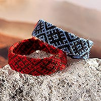 Macrame wristband bracelets, 'Fire and Water' (pair) - Peruvian Handwoven Red and Blue Wristband Bracelets (Pair)