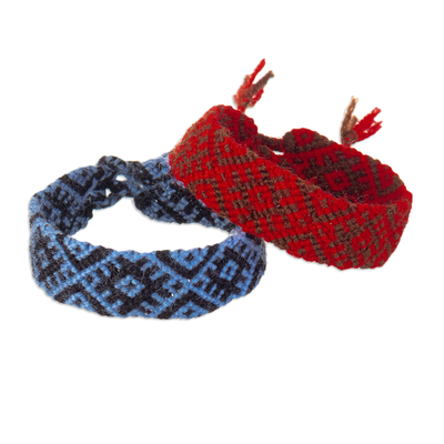 Peruvian Handwoven Red and Blue Wristband Bracelets (Pair)