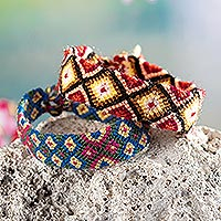 Macrame wristband bracelets, 'Andean Fire' (pair) - Peruvian Hand-woven Pair of Macrame Wristband Bracelets