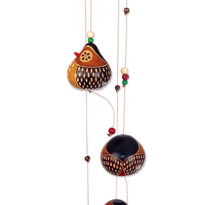 Dried gourd mobile, 'Magical Owls' - Hand-painted and Owl-themed Dried Gourd Mobile from Peru