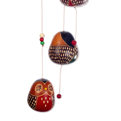 Dried gourd mobile, 'Magical Owls' - Hand-painted and Owl-themed Dried Gourd Mobile from Peru