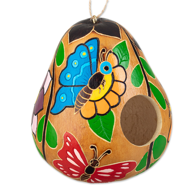 Pajarera de calabaza seca - Pajarera de calabaza seca pintada a mano con tema de mariposas de Perú