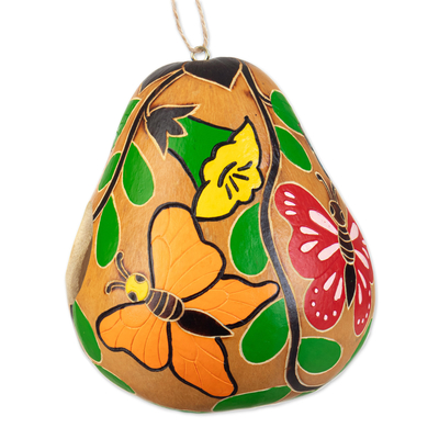 Pajarera de calabaza seca - Pajarera de calabaza seca pintada a mano con tema de mariposas de Perú