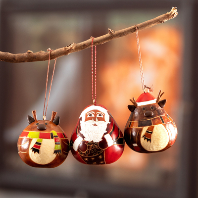 Dried gourd ornaments, Santa and His Reindeer (set of 3)