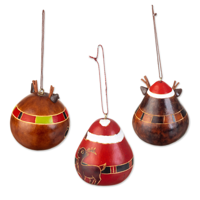 Dried gourd ornaments, 'Santa and His Reindeer' (set of 3) - Peruvian Hand-painted Set of 3 Dried Gourd Holiday Ornaments