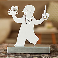 Wood figurine, 'Hero Doctor' - Wood and Aluminum Doctor-themed Figurine from Peru