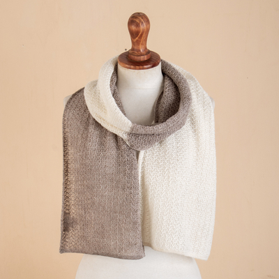 Baby alpaca blend scarf, 'Taupe Duality' - Knit Brown & Ivory Unisex Baby Alpaca Blend Scarf from Peru