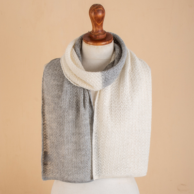 Baby alpaca blend scarf, 'Gray Duality' - Knit Gray & Ivory Unisex Baby Alpaca Blend Scarf from Peru