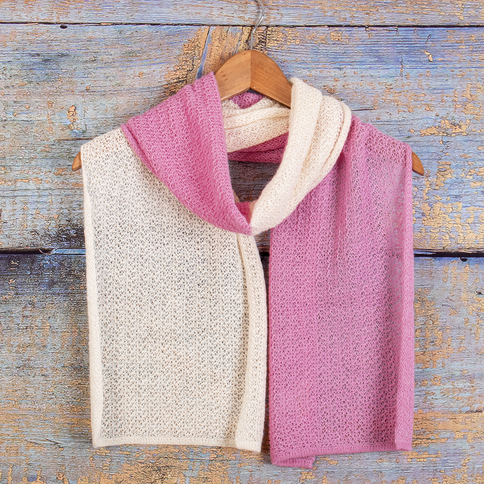 Pink & Ivory Knit Baby Alpaca Blend Scarf Handmade in Peru - Pink