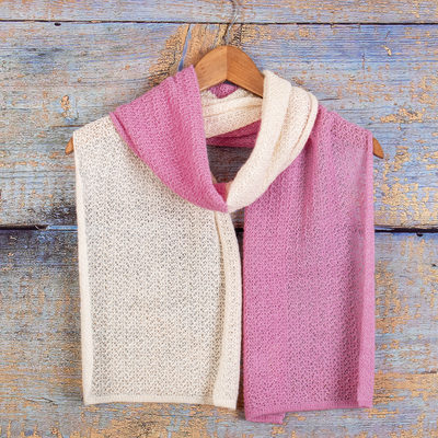 Baby alpaca blend scarf, 'Pink Duality' - Pink & Ivory Knit Baby Alpaca Blend Scarf Handmade in Peru