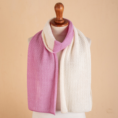 Baby alpaca blend scarf, 'Pink Duality' - Pink & Ivory Knit Baby Alpaca Blend Scarf Handmade in Peru