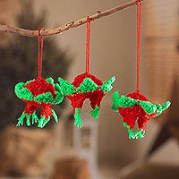 Crocheted ornaments, 'Strawberry Andes' (set of 3) - Crocheted Andean Hats in Strawberry (Set of 3)