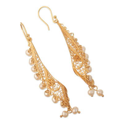 Gold plated cultured pearl filigree dangle earrings, 'Waterfall Sunset' - Artisan Crafted 21k Gold Plate Filigree Earrings with Pearls