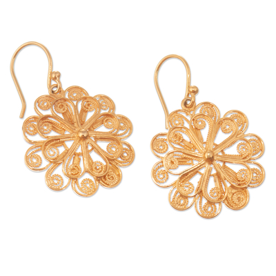 Gold plated sterling silver filigree dangle earrings, 'Solar Flower' - Handmade Floral 21k Gold Plate Filigree Earrings from Peru