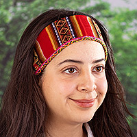 Headband, 'Andean Sunset' - Acrylic Headband Made with Andean Textile in Vibrant Red