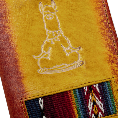 Leather passport cover, 'Meditative Llama' - Handcrafted Llama Leather Passport Cover with Andean Textile