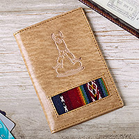 Leather passport cover, 'Introspective Llama' - Handcrafted Llama Leather Passport Cover with Andean Textile